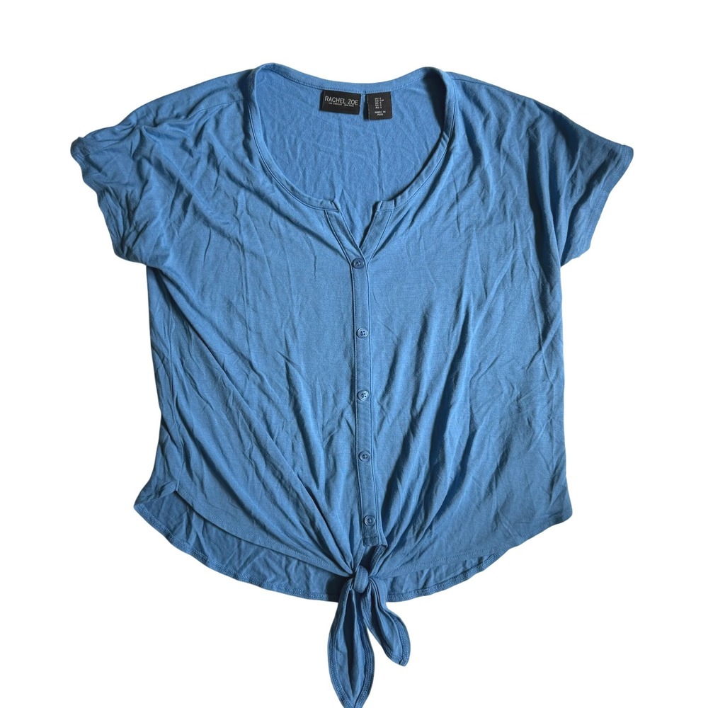 Rachel Zoe Minimalist Boho Women Front Tie Button Down Top Blue Modal Blend